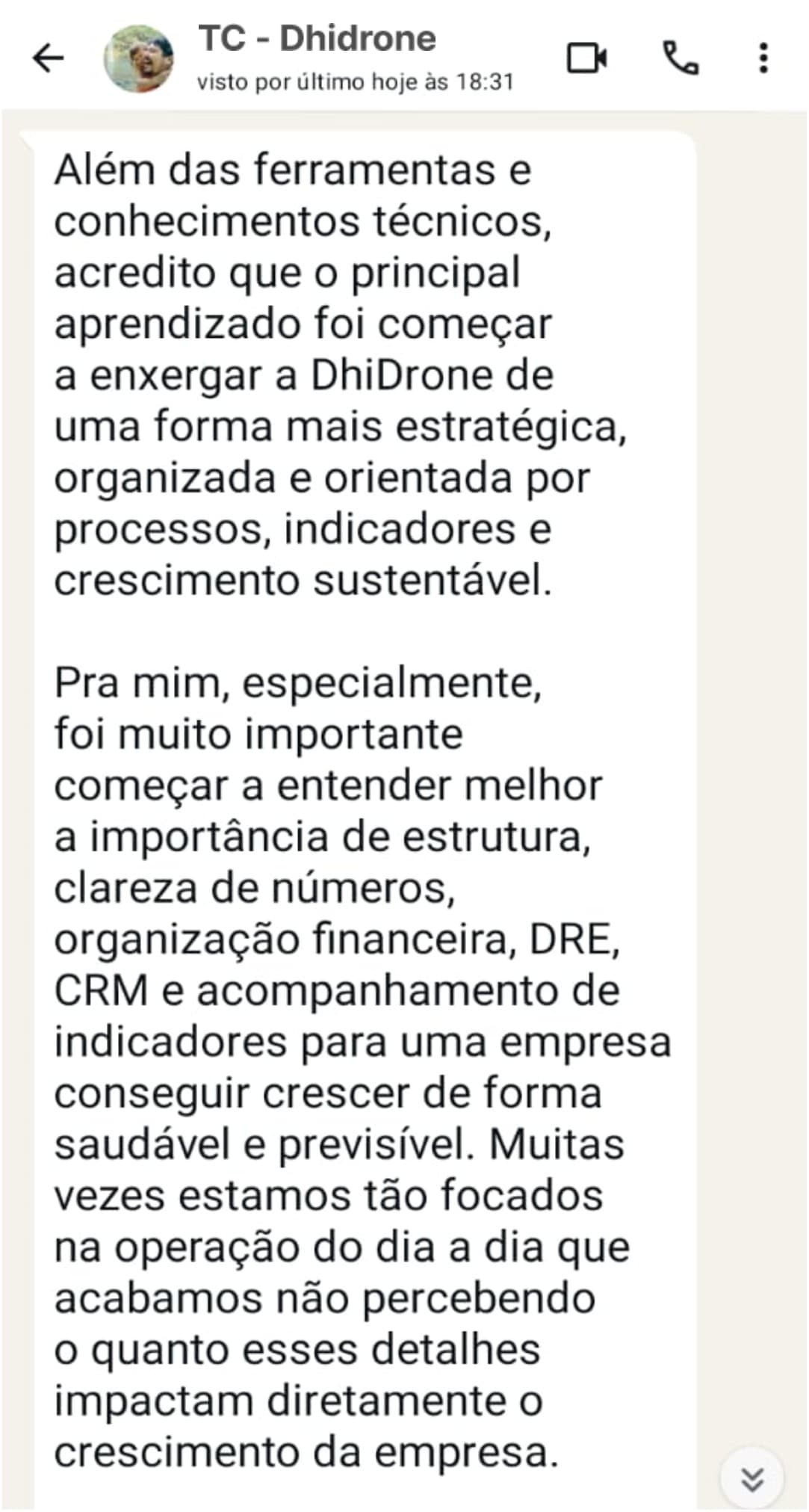 Mensagem de cliente do Impulsão Empresarial relatando resultado, print 1.