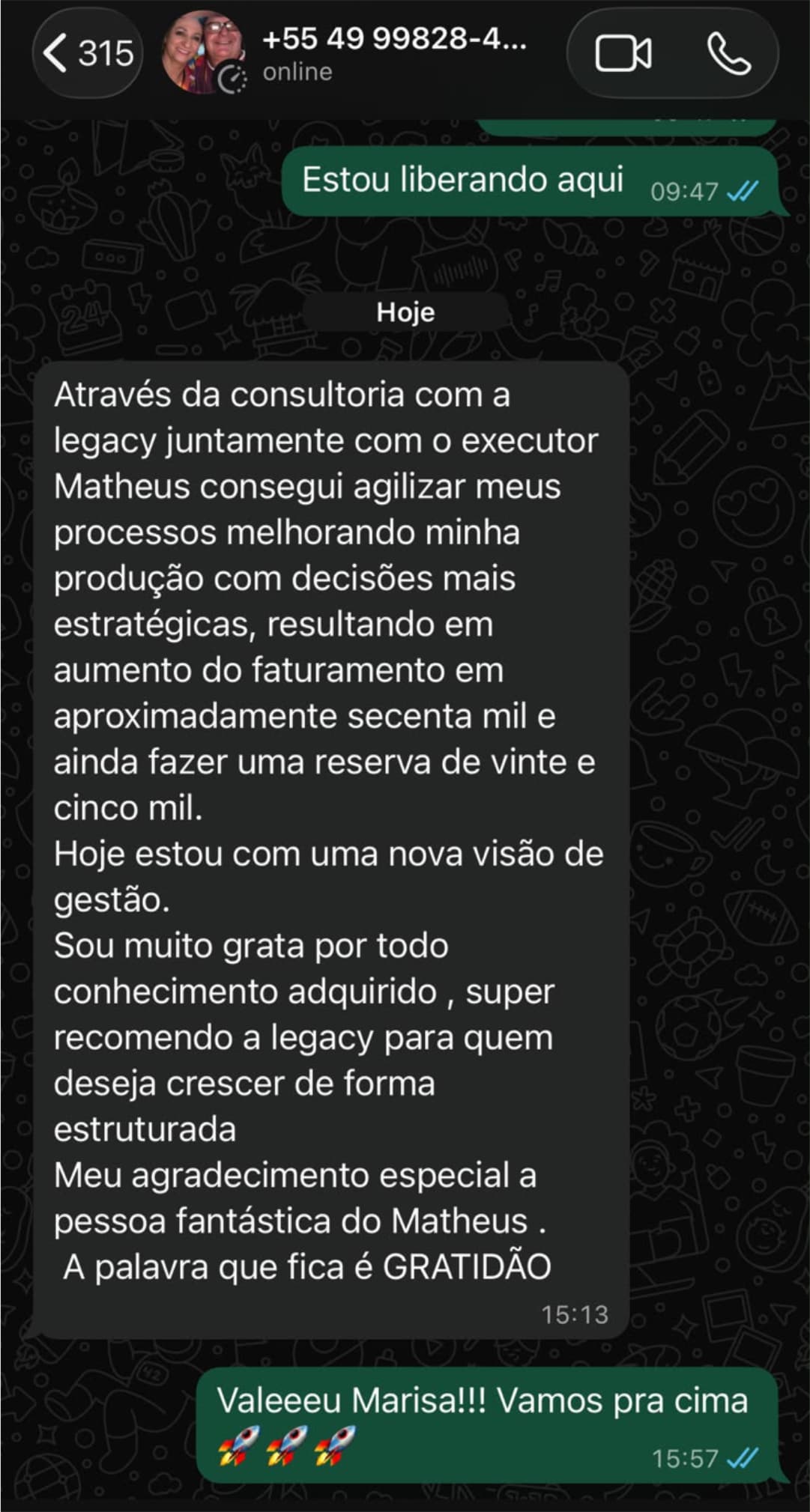 Mensagem de cliente do Impulsão Empresarial relatando resultado, print 8.